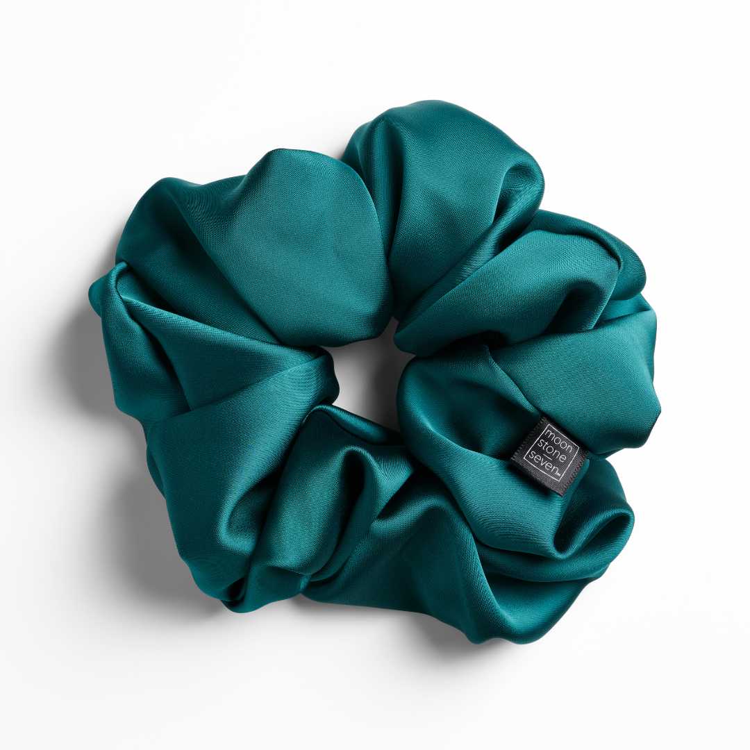 Mystic Moss satin scrunchie for curly and wavy hair, gentle on strands and snag-free.
