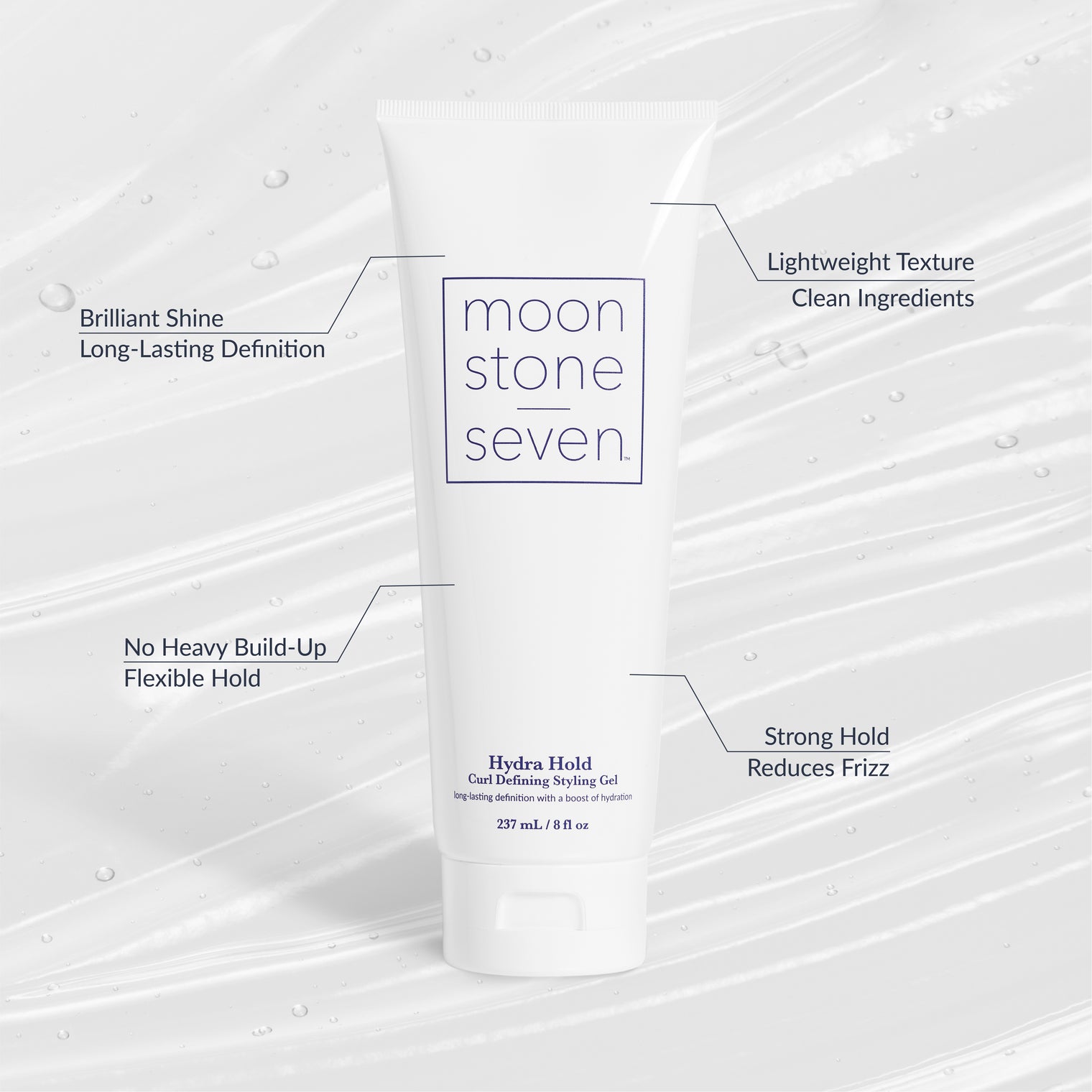 Hydra Hold Curl Gel from MoonstoneSeven shown with benefit callouts including clean ingredients and a strong flexible hold