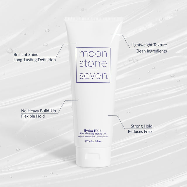 Hydra Hold Curl Gel from MoonstoneSeven shown with benefit callouts including clean ingredients and a strong flexible hold