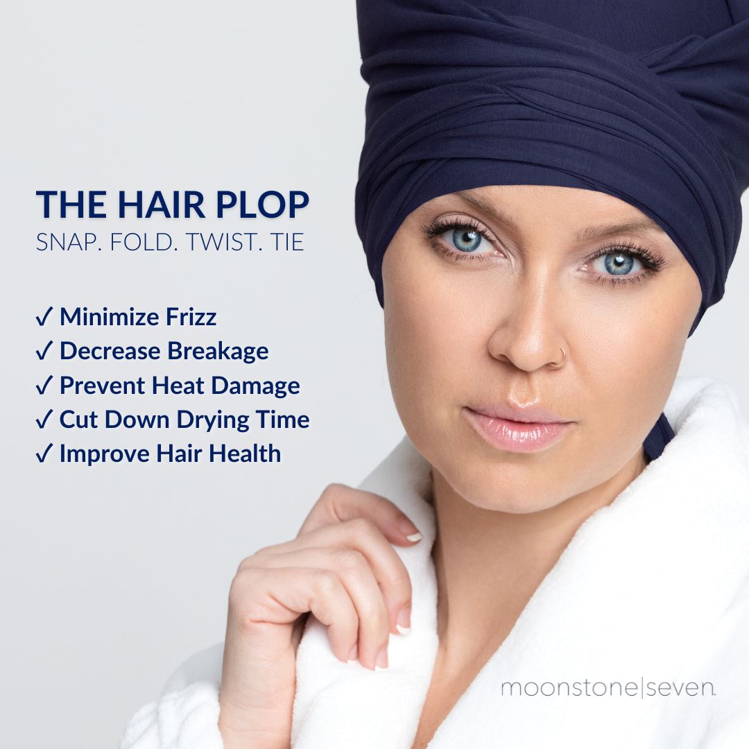 Model wearing MoonstoneSeven hair plop with feature callouts for frizz control, decreased breakage, and gentle drying