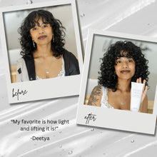Load image into Gallery viewer, Before and after of curls styled with MoonstoneSeven Hydra Hold Gel, featuring user feedback on how light and lifting it is