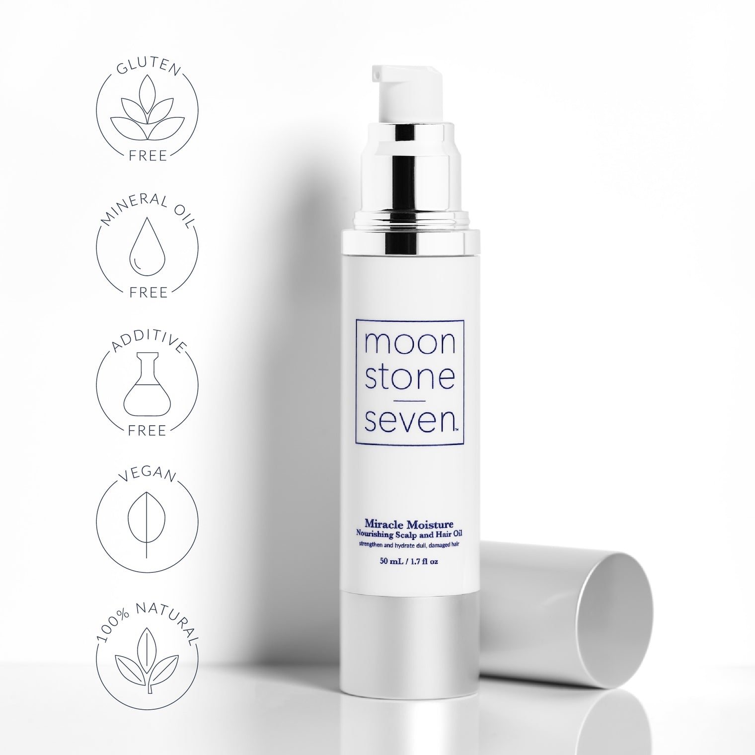 Open bottle of MoonstoneSeven Miracle Moisture Oil with callouts for 100% natural, vegan, additive-free, and mineral oil-free formula