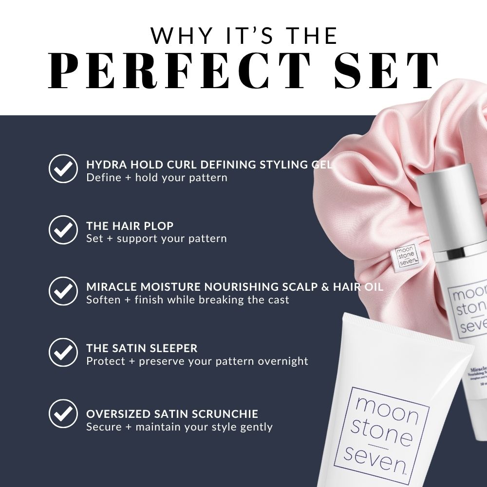 Essentials Bundle – Hair Plop, Curl Gel, Hair Oil, Satin Scrunchie & Satin Bonnet for Frizz-Free Defined Curls