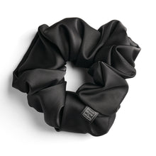 Load image into Gallery viewer, Black satin scrunchie for curly and wavy hair, gentle on strands and snag-free.