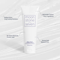 Hydra Hold Curl Gel from MoonstoneSeven shown with benefit callouts including clean ingredients and a strong flexible hold