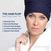 Model wearing MoonstoneSeven hair plop with feature callouts for frizz control, decreased breakage, and gentle drying