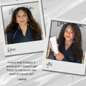 Before and after of girl using MoonstoneSeven Hydra Hold Gel with quote about frizz control and curl shine