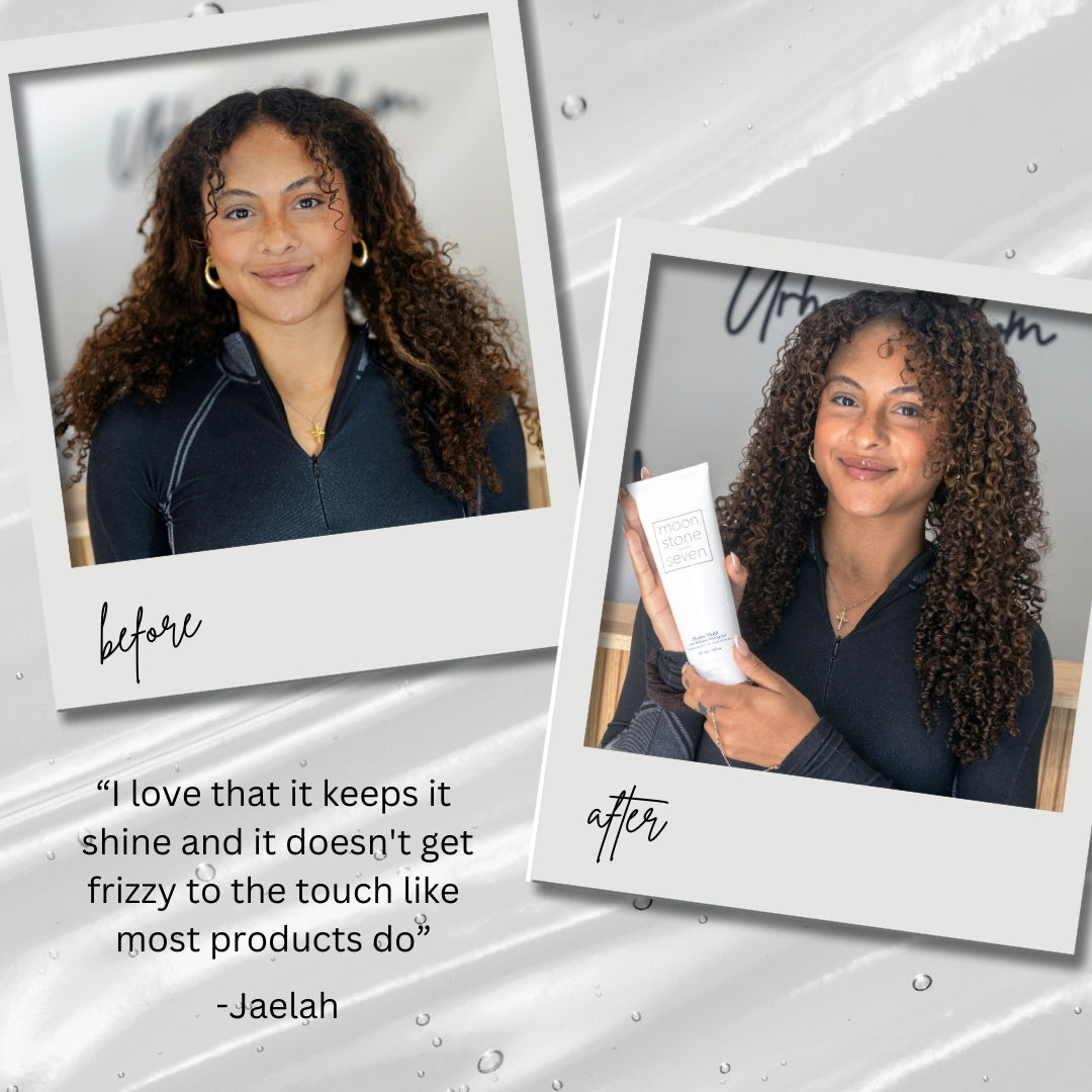 Before and after of girl using MoonstoneSeven Hydra Hold Gel with quote about frizz control and curl shine