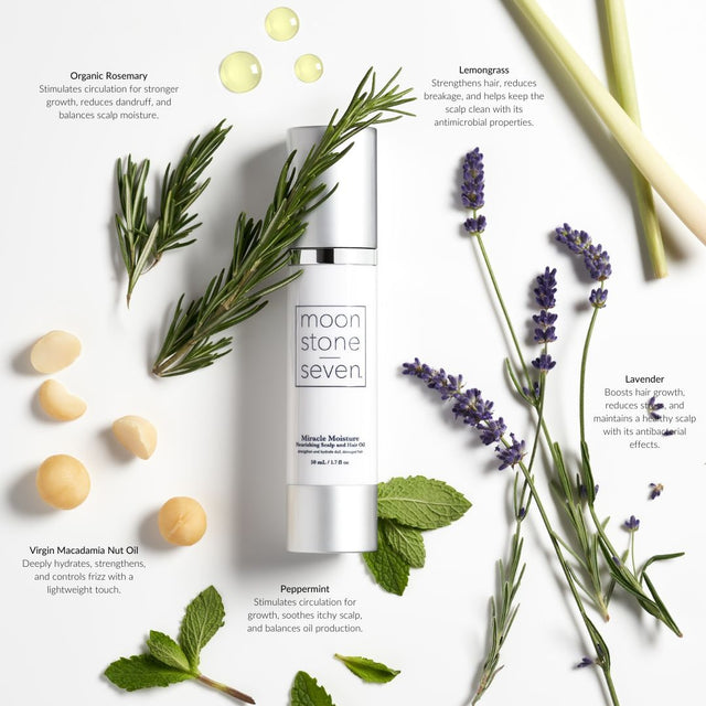 MoonstoneSeven Miracle Moisture Oil surrounded by clean, pure ingredients like rosemary, lemongrass, lavender, peppermint, and macadamia nut