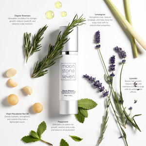 MoonstoneSeven Miracle Moisture Oil surrounded by clean, pure ingredients like rosemary, lemongrass, lavender, peppermint, and macadamia nut