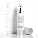 Open bottle of MoonstoneSeven Miracle Moisture Oil with callouts for 100% natural, vegan, additive-free, and mineral oil-free formula