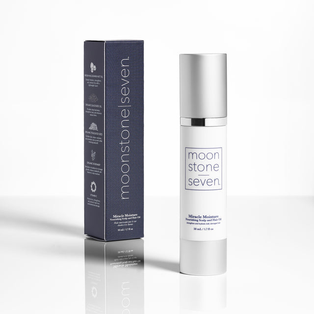 MoonstoneSeven Miracle Moisture Oil tube displayed next to product box for curly and wavy hair care