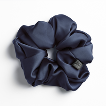 Load image into Gallery viewer, Navy satin scrunchie for curly and wavy hair, gentle on strands and snag-free.