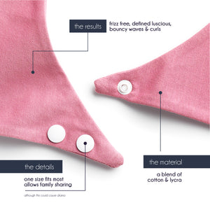 Close-up of MoonstoneSeven hair plop fabric and snaps, highlighting one-size-fits-most design