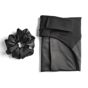 Satin hair bonnet and scrunchie set for nighttime protection of curls and waves