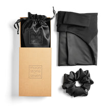 Load image into Gallery viewer, MoonstoneSeven satin bonnet sleep set with scrunchie and packaging for curly and wavy hair care
